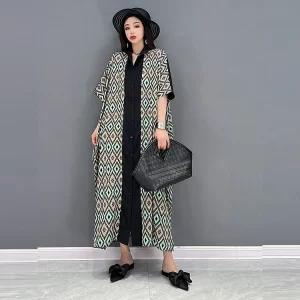 Vintage Chiffon Turn-down Collar Contrast Color Rhombus Printed Batwing Sleeve Dress