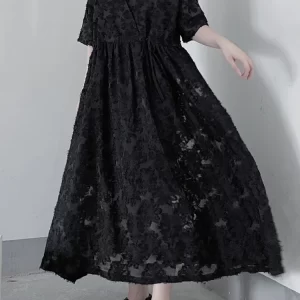 Elegant Loose Solid Color V-neck Flocking Flower Lacing Waist Half Sleeve Dress