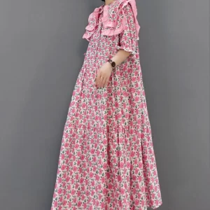 Pink Print Patchwork Cotton Maxi Dresses Half Sleeve