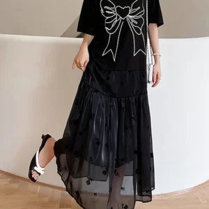 Casual Black O-Neck Bow Tulle Patchwork Cotton Maxi Dresses Summer
