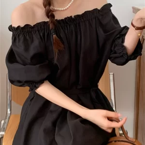 Vintage Purple Elastic Round Neck Ruffles Lantern Sleeve Lace Up Dress