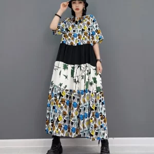 Stylish Loose Y-neck Contrast Color Flowers Printed Chiffon Half Sleeve Dress