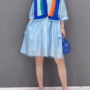 Modern Blue V Neck Striped Patchwork Button wrinkled Dresses Half Sleeve