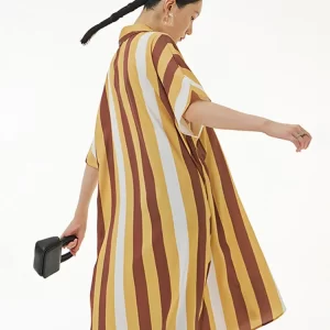 Fashion Loose Lapel Contrast Color Striped Single-breasted Half Sleeve Dress