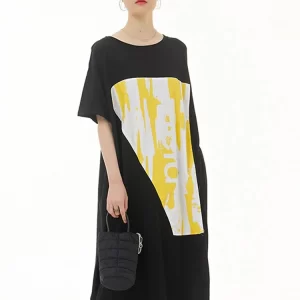 Casual Loose Crewneck Printed Patchwork Half Sleeve Dress