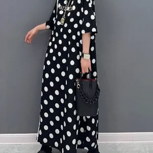 Modern Black Oversized Dot Print Cotton Cinched Dresses Summer