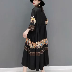 Classical O-neck Patchwork Folds War horse Printed Loose Dress