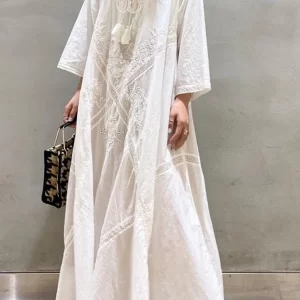 Boho V-neck Embroidery White Lace Long Beach Dress