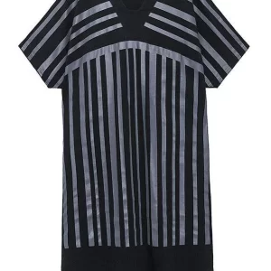 Chic White Striped Cotton Dress V Neck Summer Long Dresses