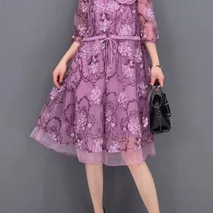 Casual Purple O-Neck Print Tie Waist Tulle Patchwork Chiffon Dresses Three Quarter sleeve