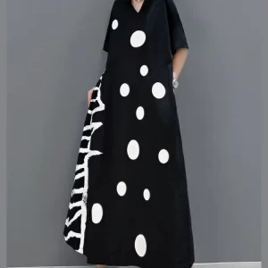 Plus Size Black V Neck Dot A line Dress Half Sleeve