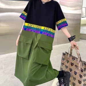 Fine Black Patchwork Green Pockets Holiday Summer Cotton Dress