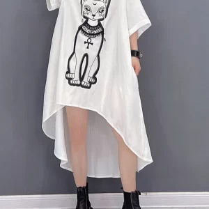 Natural White O-Neck Print Low High Design Chiffon Hooded Dress Three Quarter Sleeve