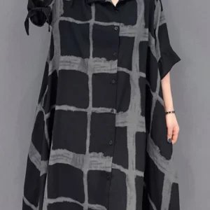 Vintage Grey Peter Pan Collar Asymmetrical Print Button Pockets Long Dress Half Sleeve