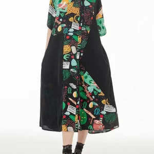 Stylish Loose Lapel Illustration Printed Asymmetric Patchwork Single-breasted Half Sleeve Dress