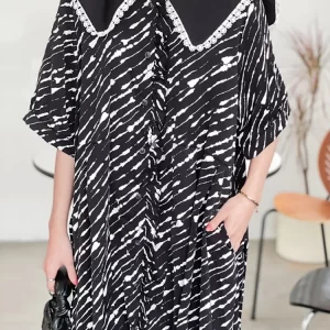 Temperament Sailor Collar Patchwork Lace Striped Half Sleeve Dress