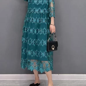 Blue V Neck Tulle Patchwork Hooded Dress Three Quarter sleeve