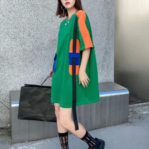 Fashion Loose Contrast Color Pachwork Pockets Decor Half Sleeve Dress