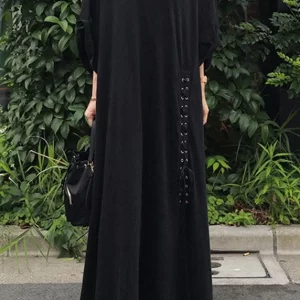 Casual Grey O-Neck Asymmetrical Cotton Dress Three Quarter sleeve