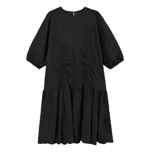 Casual Loose O-neck Solid Color Wrinkled Half Sleeve Ruffle Patchwork Hem Dress