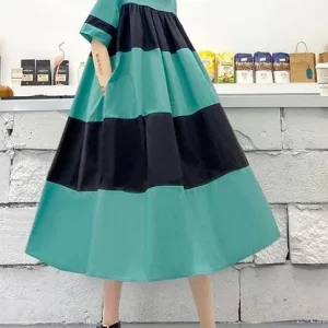 Handmade Blue Patchwork O-Neck Party Summer Cotton Dress